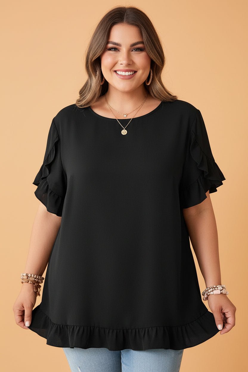 Plus Size Solid Ruffle Trim Petal Sleeve Tee - Rooted & Reckless Co.