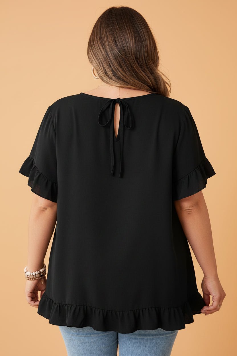 Plus Size Solid Ruffle Trim Petal Sleeve Tee - Rooted & Reckless Co.
