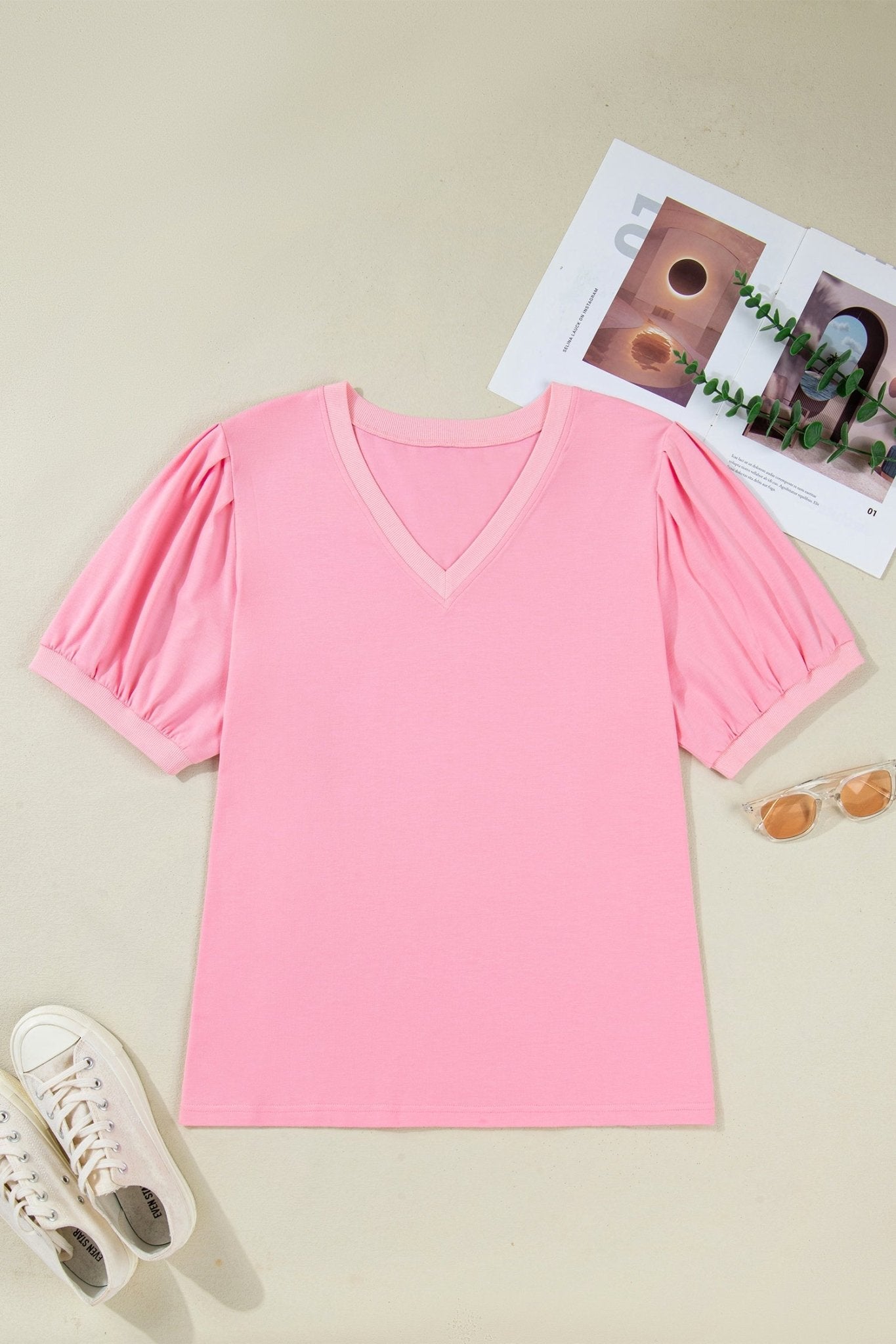 Plus Size Solid V-Neck Pleated Puff Sleeve Blouse - Rooted & Reckless Co.