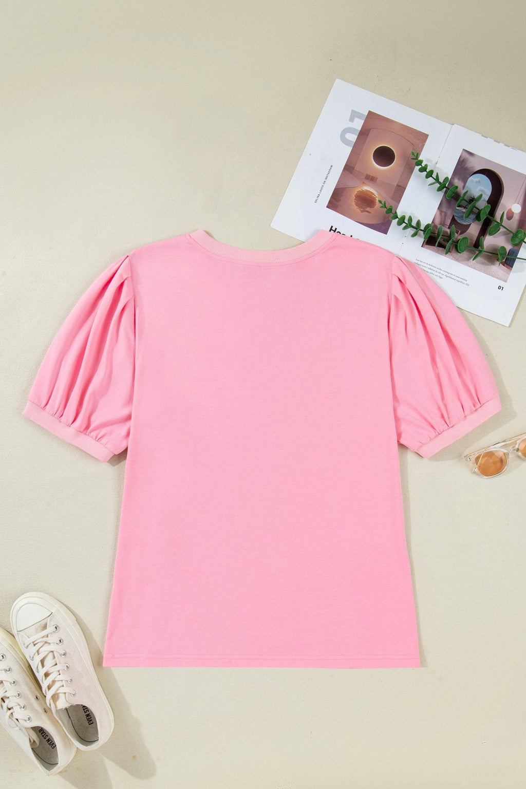 Plus Size Solid V-Neck Pleated Puff Sleeve Blouse - Rooted & Reckless Co.