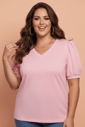 Plus Size Solid V-Neck Pleated Puff Sleeve Blouse - Rooted & Reckless Co.