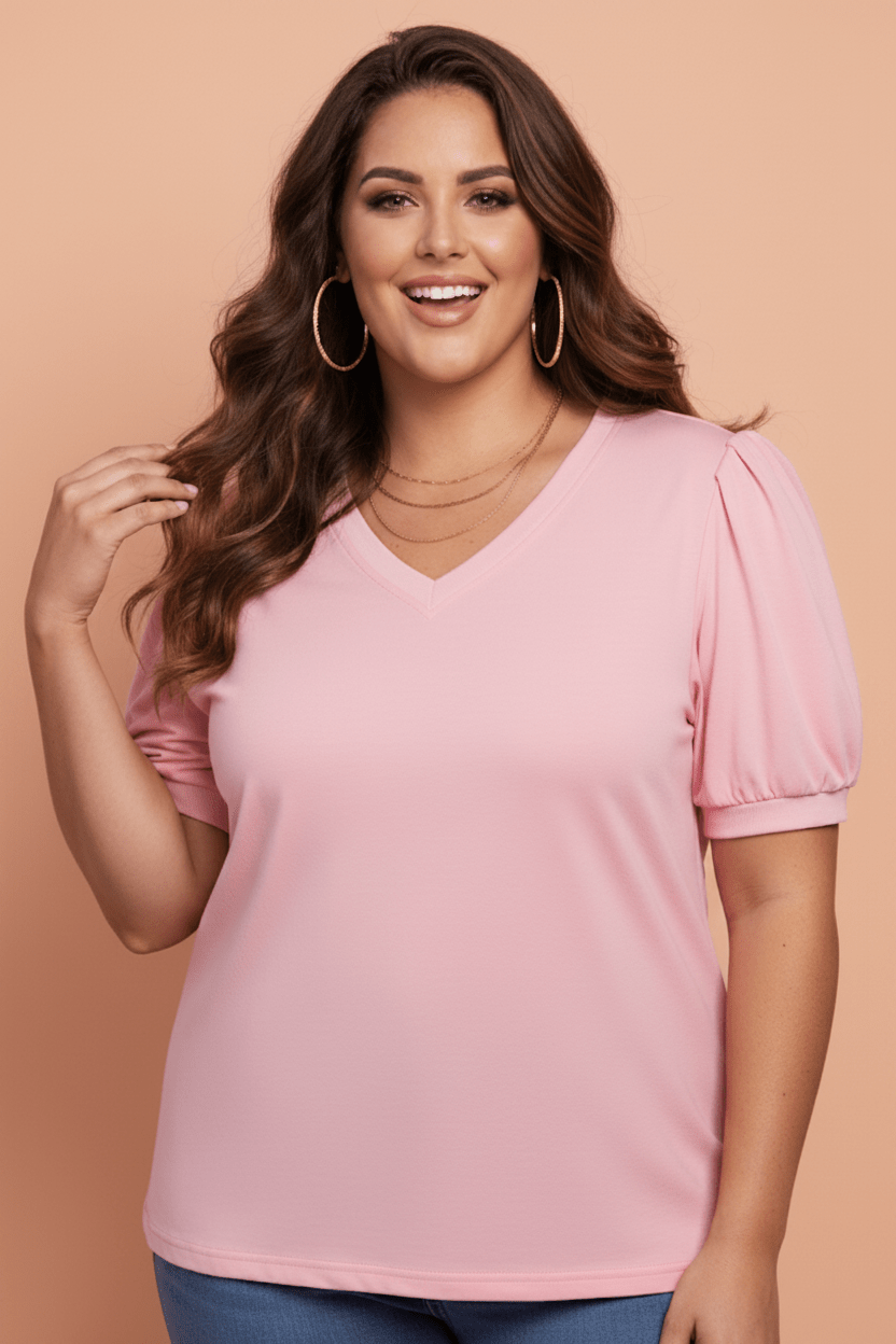 Plus Size Solid V-Neck Pleated Puff Sleeve Blouse - Rooted & Reckless Co.