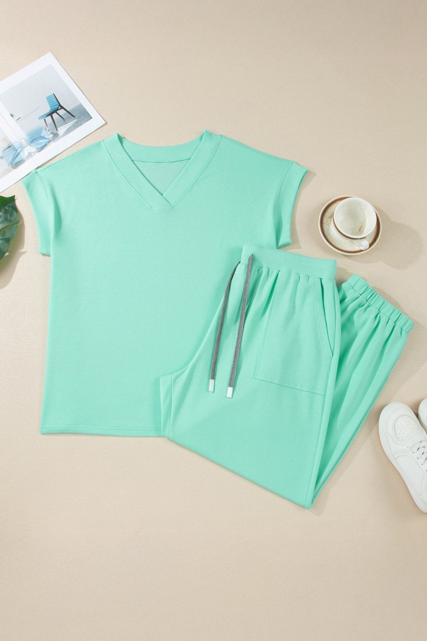 Plus Size Solid V-Neck Tee & Drawstring Pants Set - Rooted & Reckless Co.