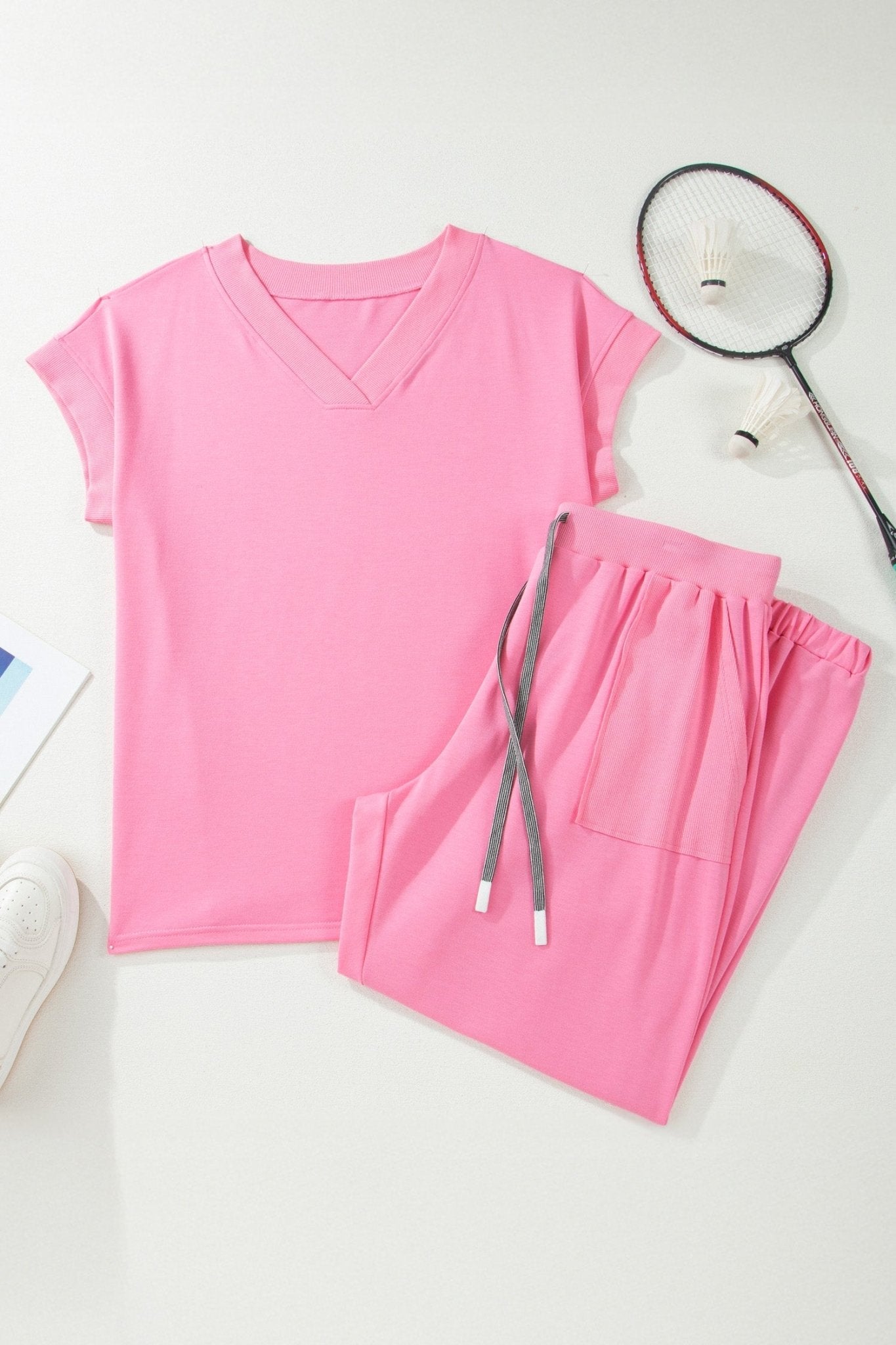 Plus Size Solid V-Neck Tee & Drawstring Pants Set - Rooted & Reckless Co.