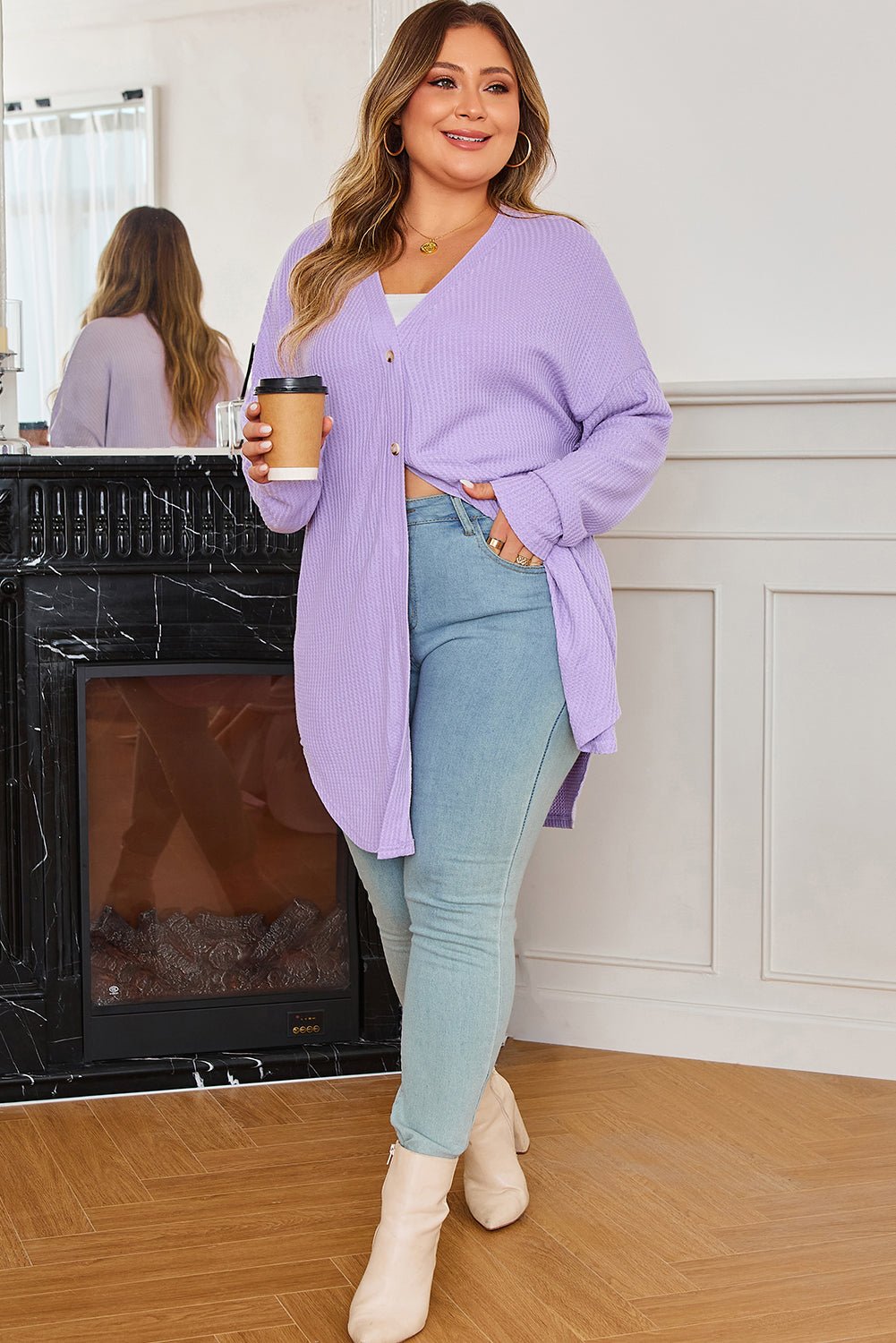 Plus Size Solid Waffle Knit Button-Front Cardigan - Rooted & Reckless Co.