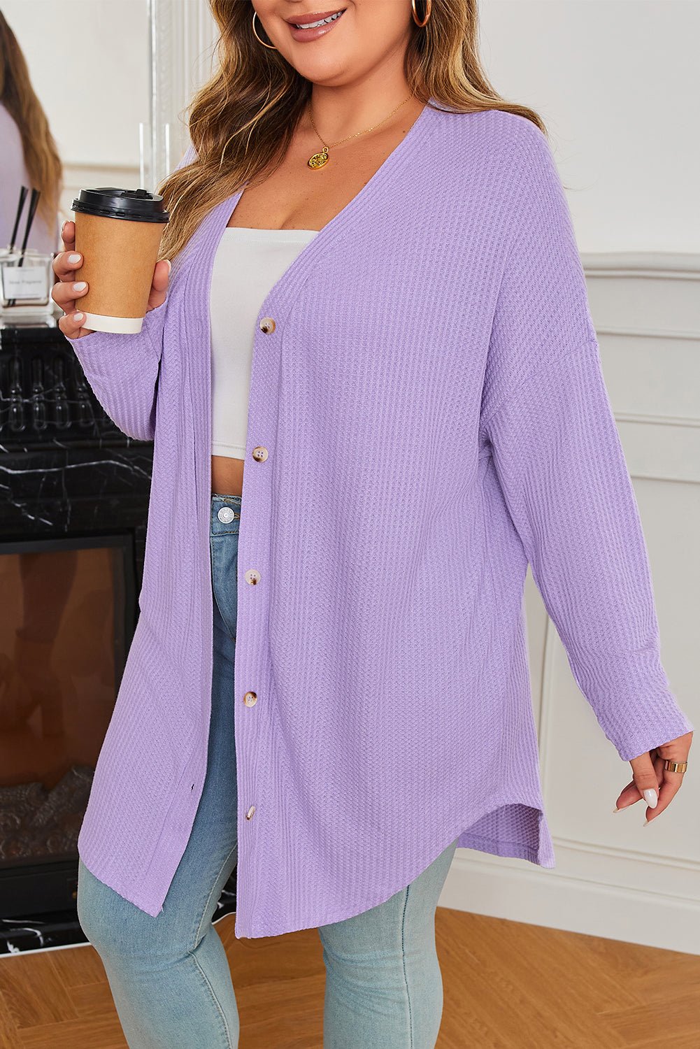 Plus Size Solid Waffle Knit Button-Front Cardigan - Rooted & Reckless Co.