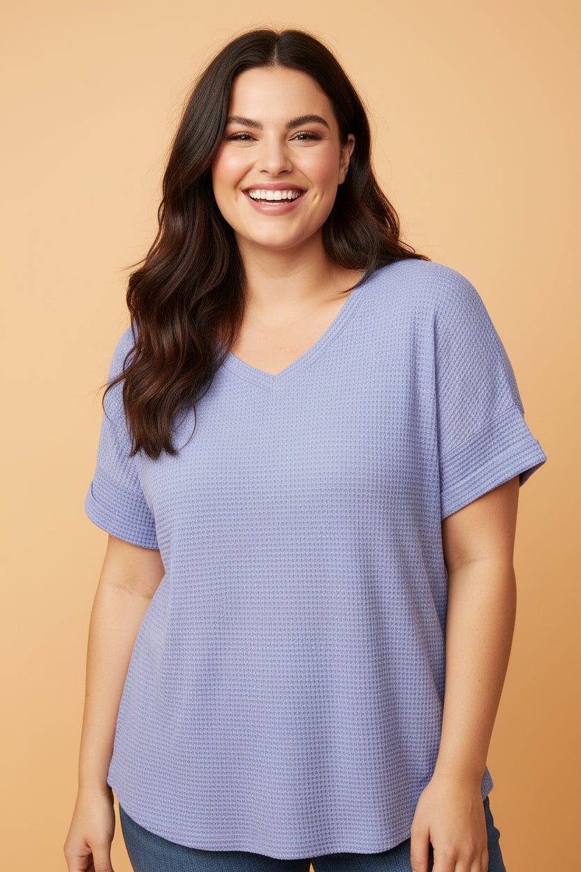 Plus Size Solid Waffle Knit V-Neck Short Sleeve Top - Rooted & Reckless Co.