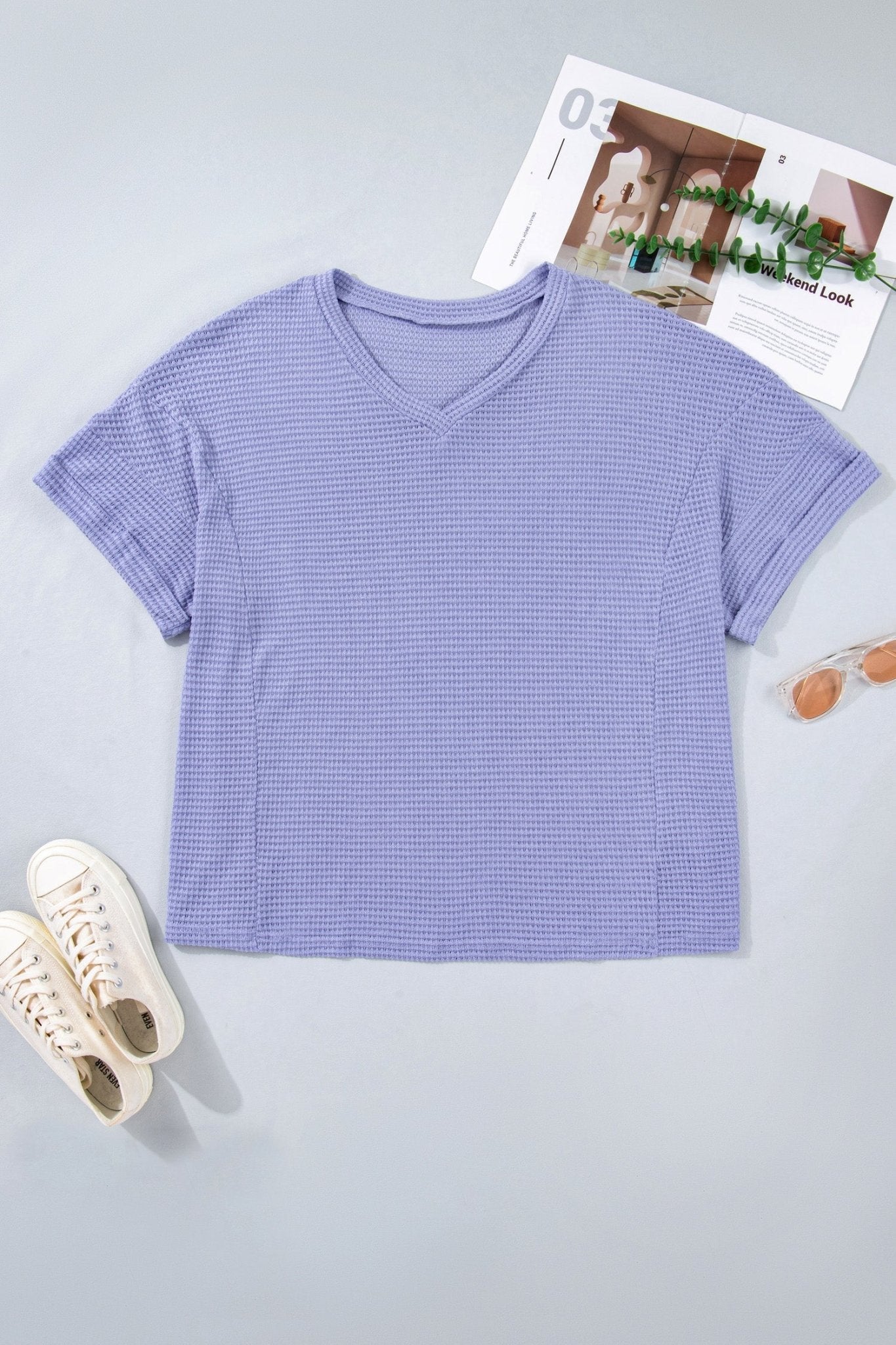 Plus Size Solid Waffle Knit V-Neck Short Sleeve Top - Rooted & Reckless Co.