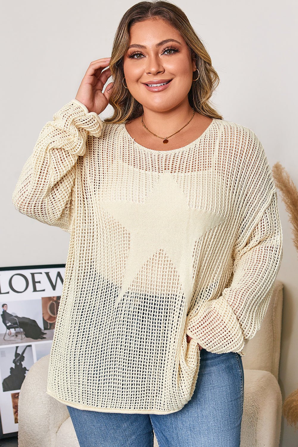 Plus Size Star Hollow-Out Knit Crewneck Sweater - Rooted & Reckless Co.