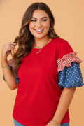 Plus Size Stars & Stripe Patchwork Puff Sleeve Top - Rooted & Reckless Co.