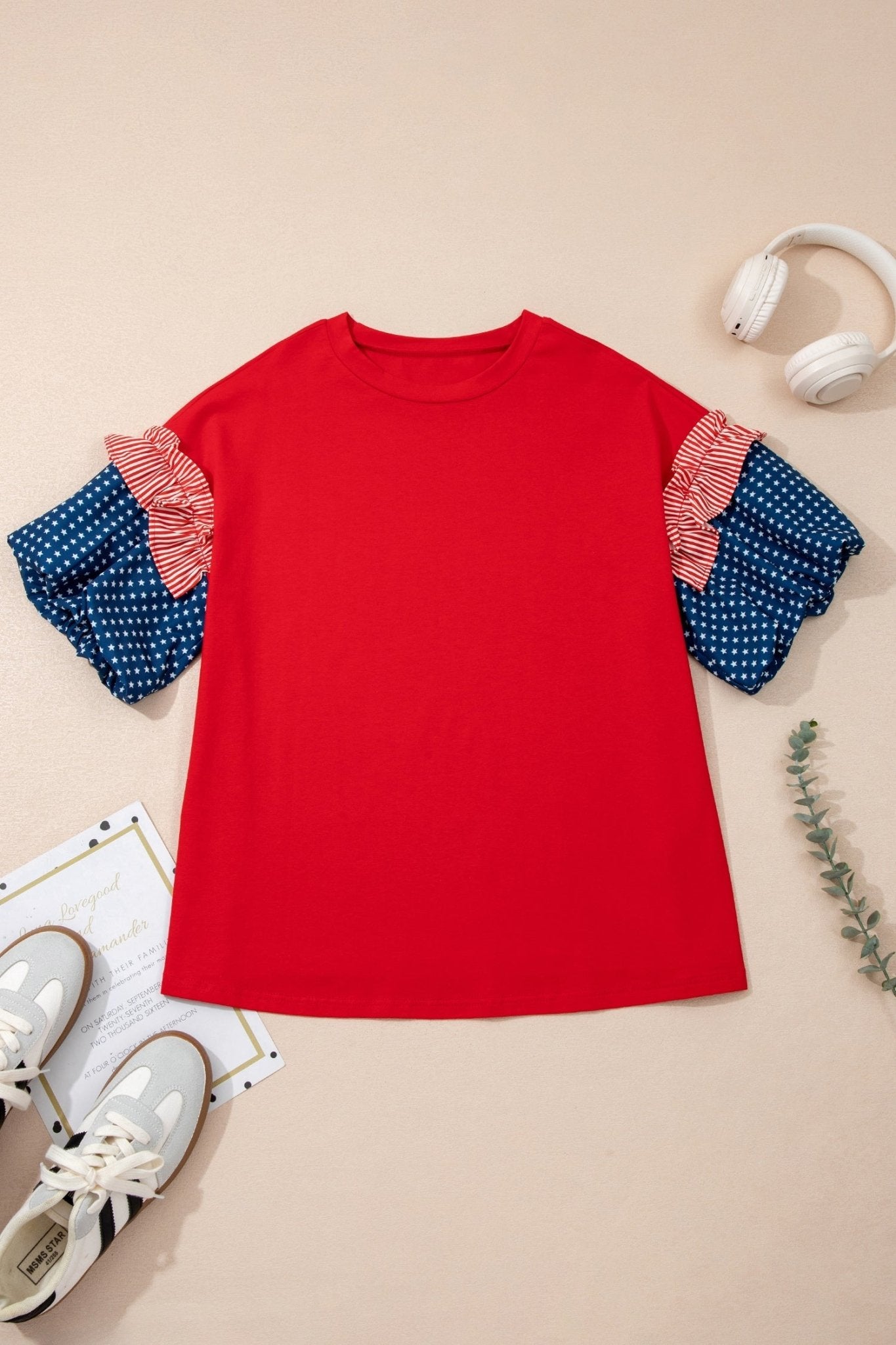 Plus Size Stars & Stripe Patchwork Puff Sleeve Top - Rooted & Reckless Co.