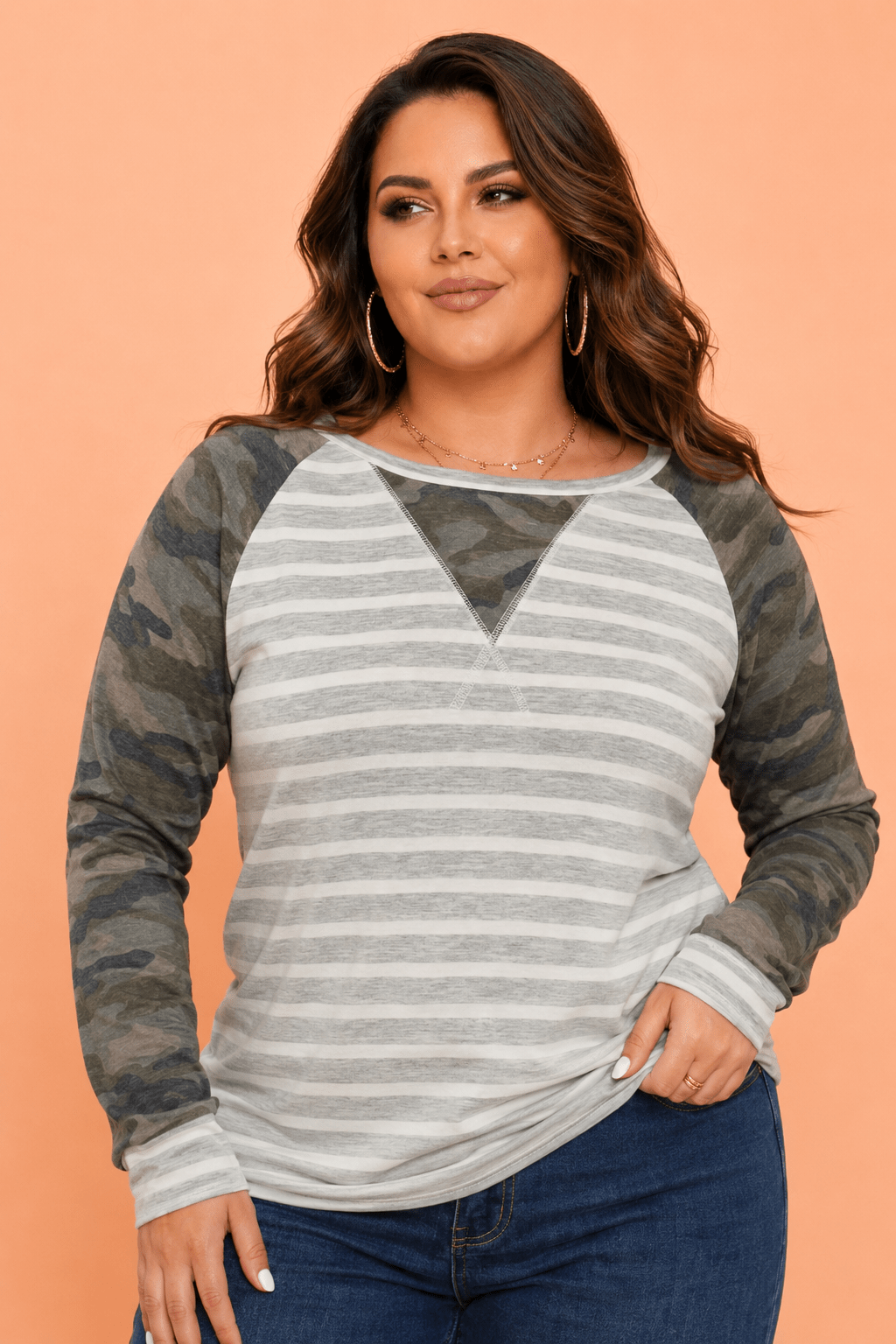 Plus Size Stripe Camo Raglan Long Sleeve Blouse - Rooted & Reckless Co.