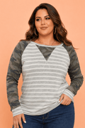 Plus Size Stripe Camo Raglan Long Sleeve Blouse - Rooted & Reckless Co.