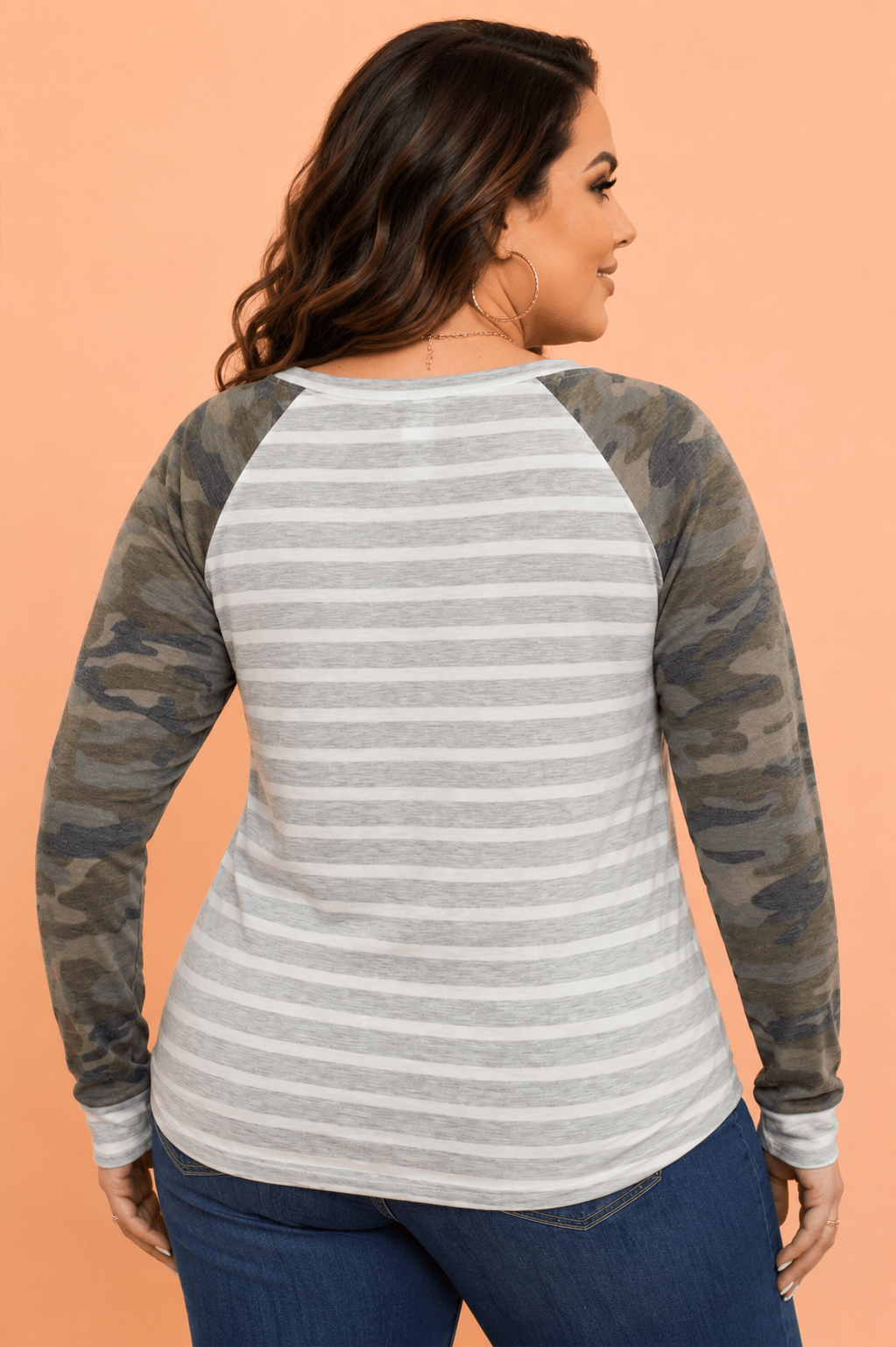 Plus Size Stripe Camo Raglan Long Sleeve Blouse - Rooted & Reckless Co.