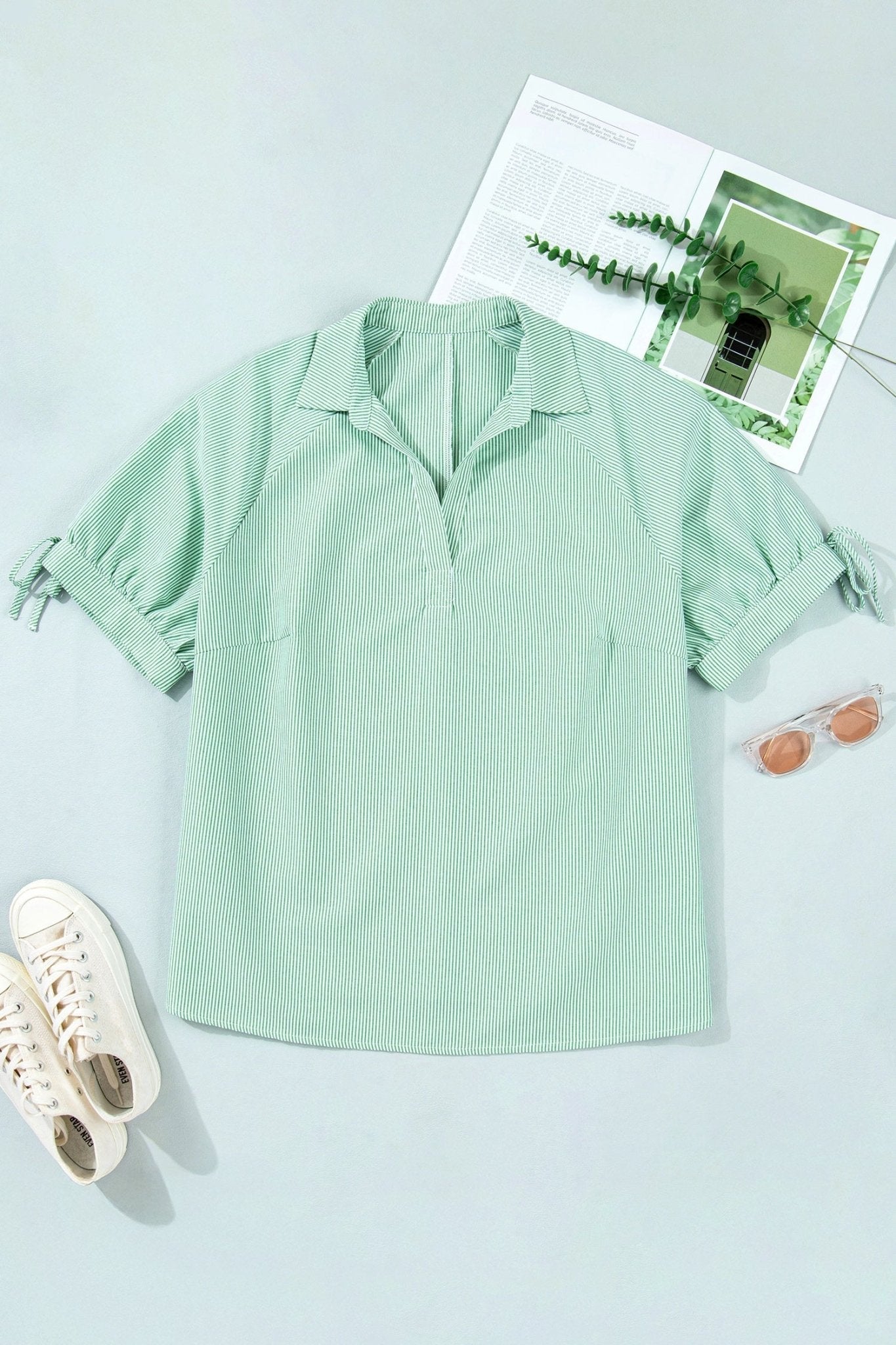 Plus Size Stripe Collar V-Neck Short Sleeve Blouse - Rooted & Reckless Co.