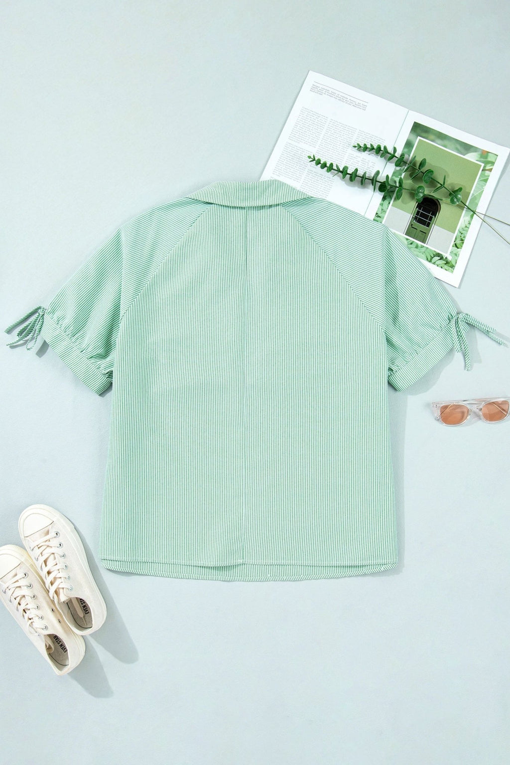 Plus Size Stripe Collar V-Neck Short Sleeve Blouse - Rooted & Reckless Co.