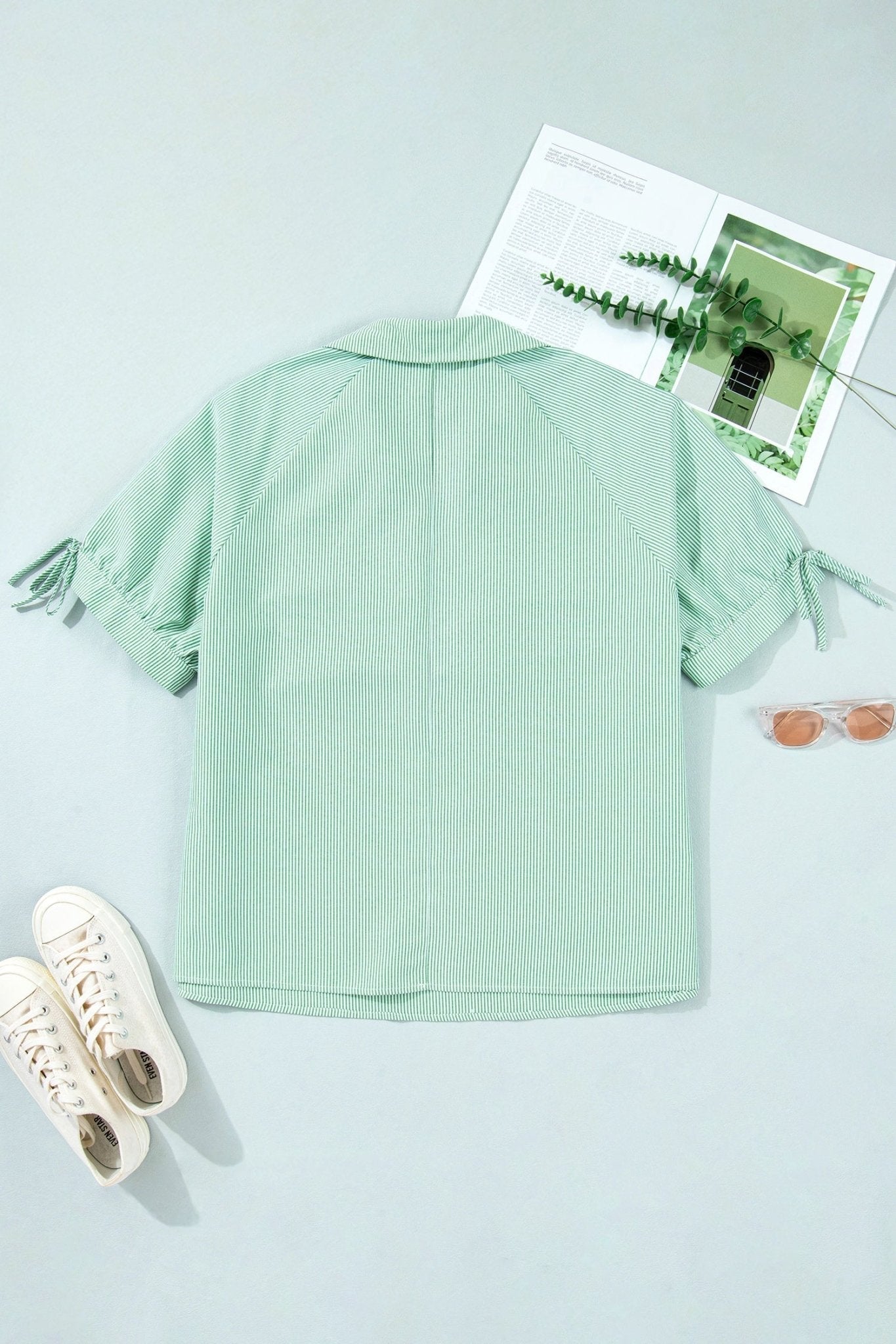 Plus Size Stripe Collar V-Neck Short Sleeve Blouse - Rooted & Reckless Co.