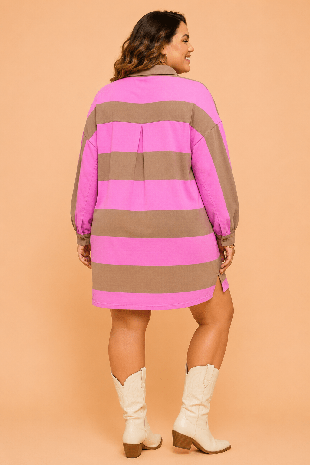 Plus Size Stripe Collared V-Neck Long Sleeve Dress - Rooted & Reckless Co.
