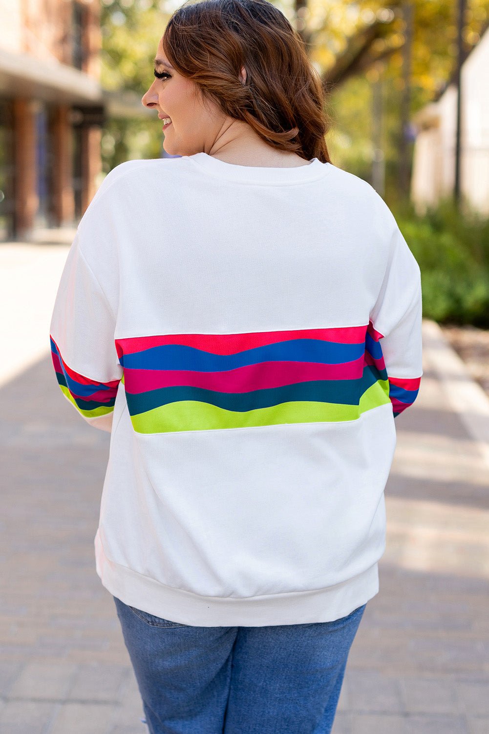 Plus Size Stripe Colorblock Drop Shoulder Sweatshirt - Rooted & Reckless Co.