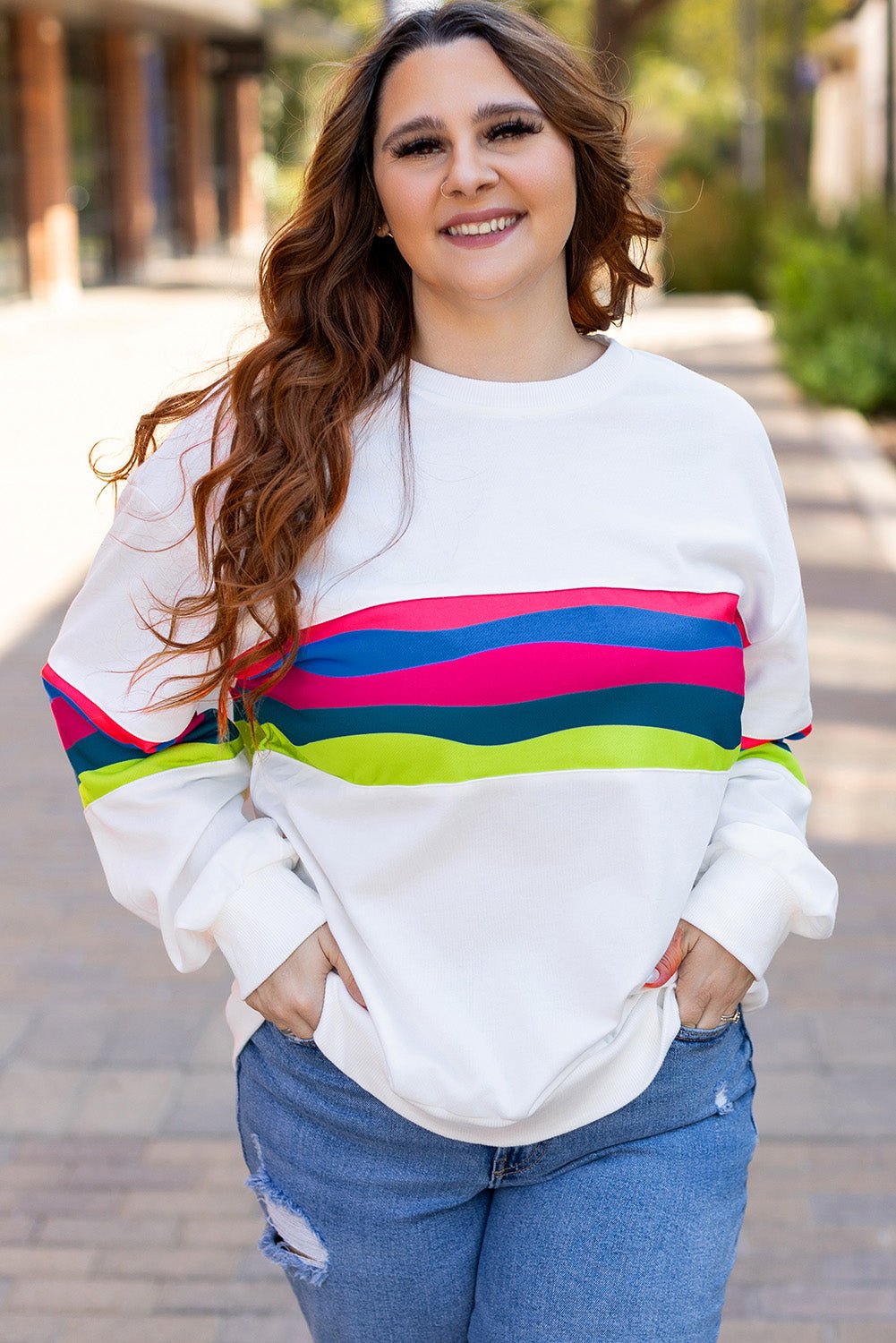Plus Size Stripe Colorblock Drop Shoulder Sweatshirt - Rooted & Reckless Co.