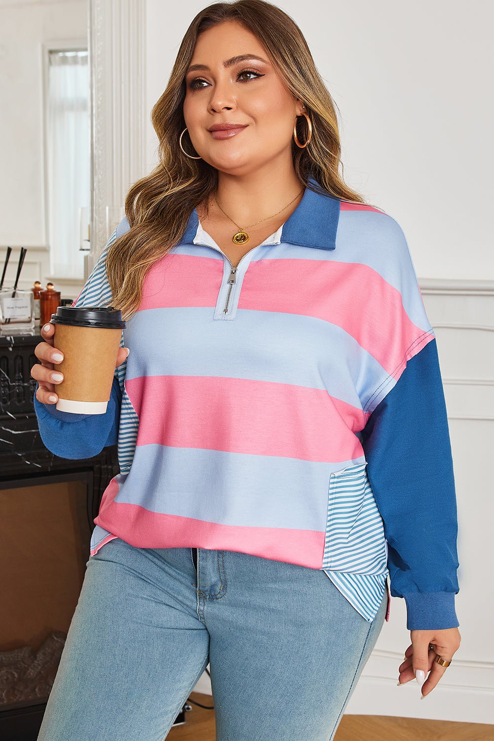 Plus Size Stripe Colorblock Patchwork Half-Zip Top - Rooted & Reckless Co.