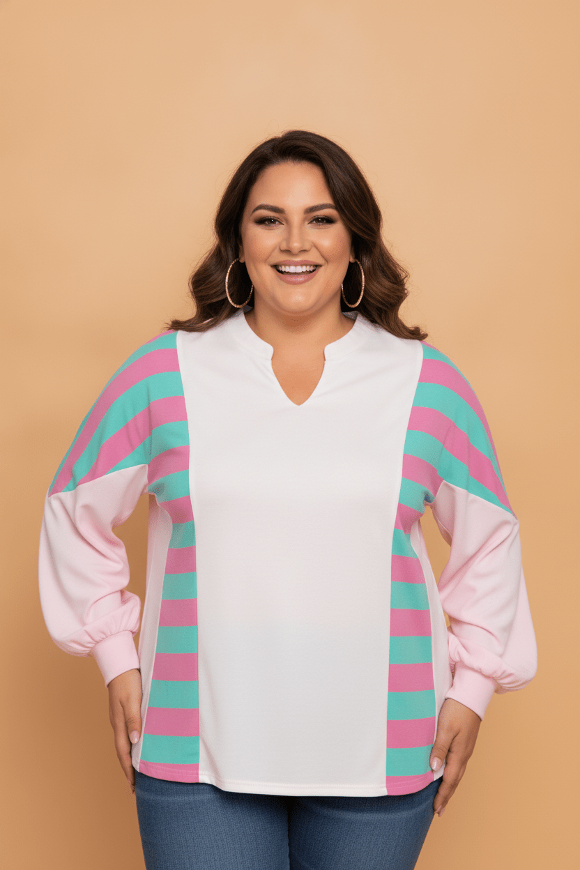 Plus Size Stripe Colorblock V-Neck Long Sleeve Blouse - Rooted & Reckless Co.