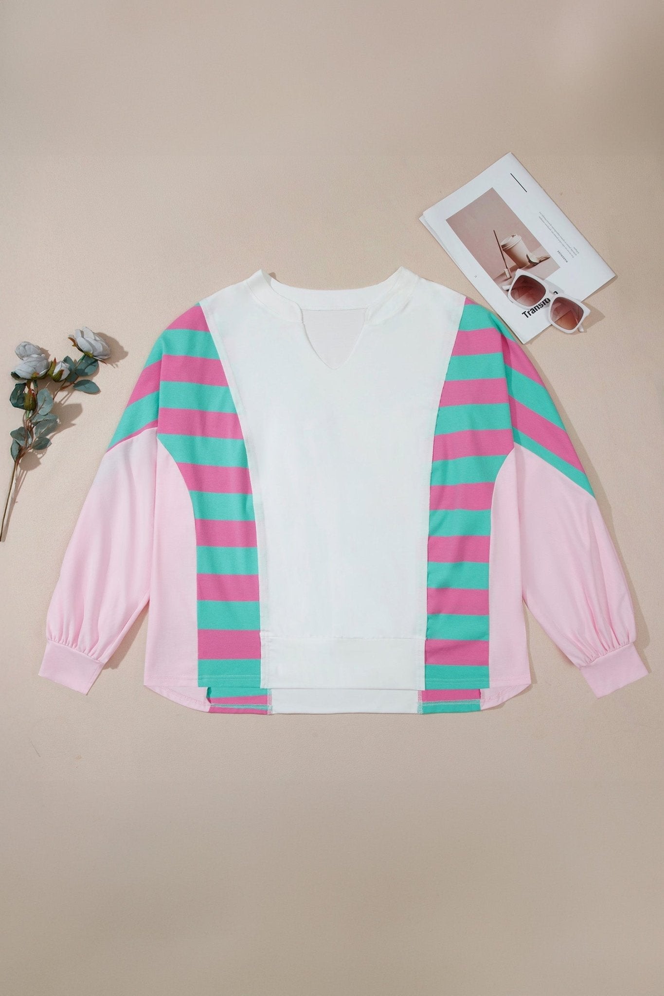 Plus Size Stripe Colorblock V-Neck Long Sleeve Blouse - Rooted & Reckless Co.
