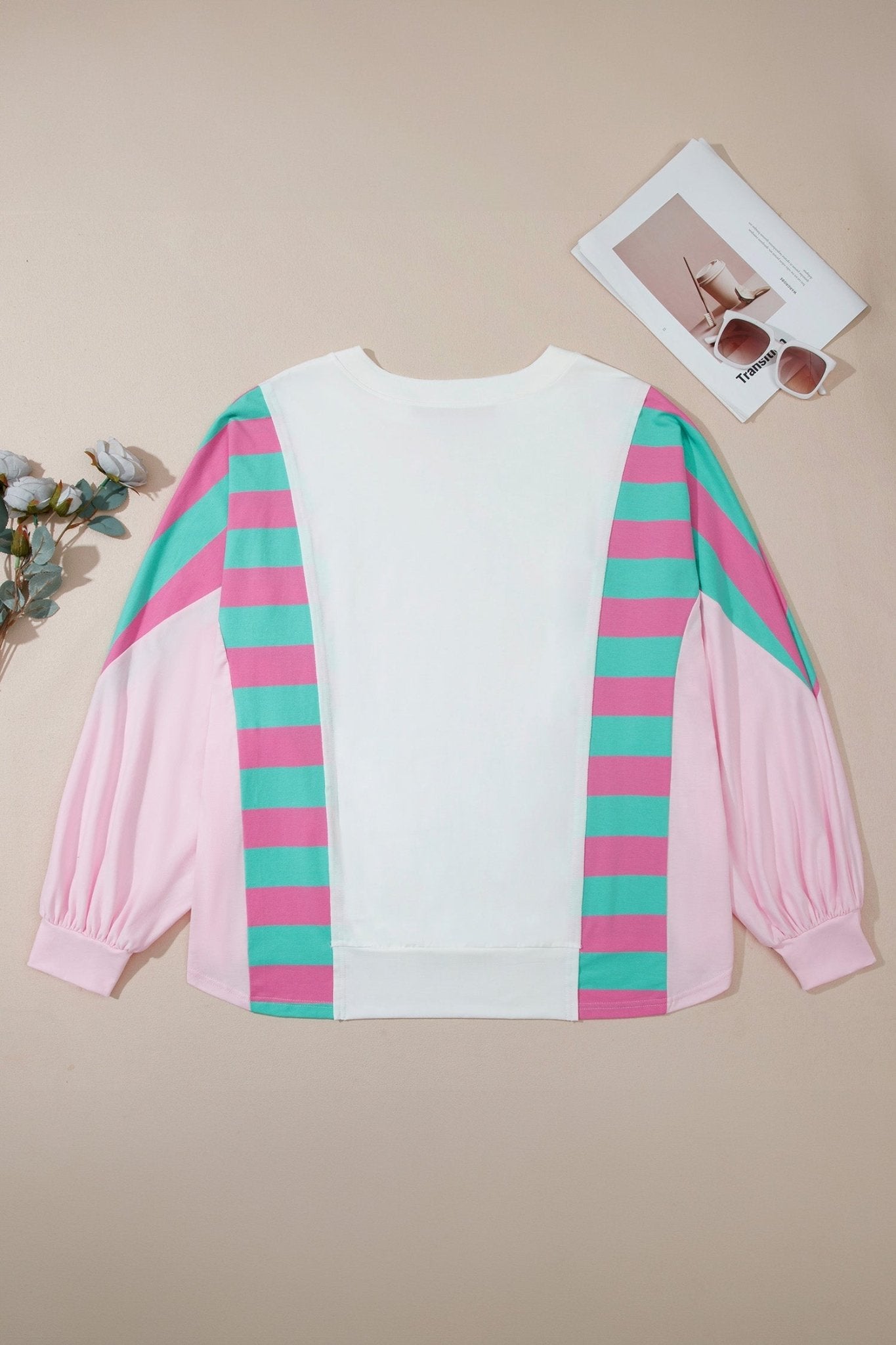 Plus Size Stripe Colorblock V-Neck Long Sleeve Blouse - Rooted & Reckless Co.