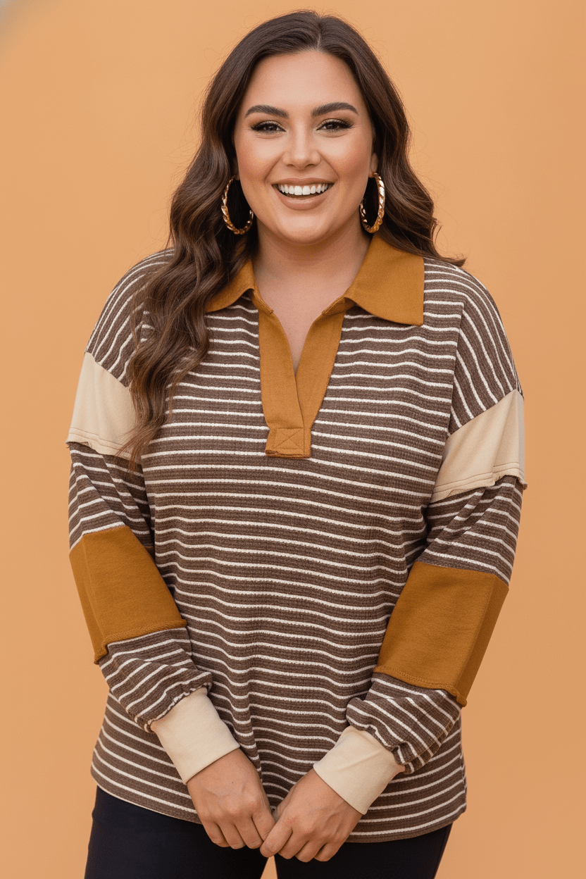 Plus Size Stripe Colorblock V-Neck Long Sleeve Top - Rooted & Reckless Co.