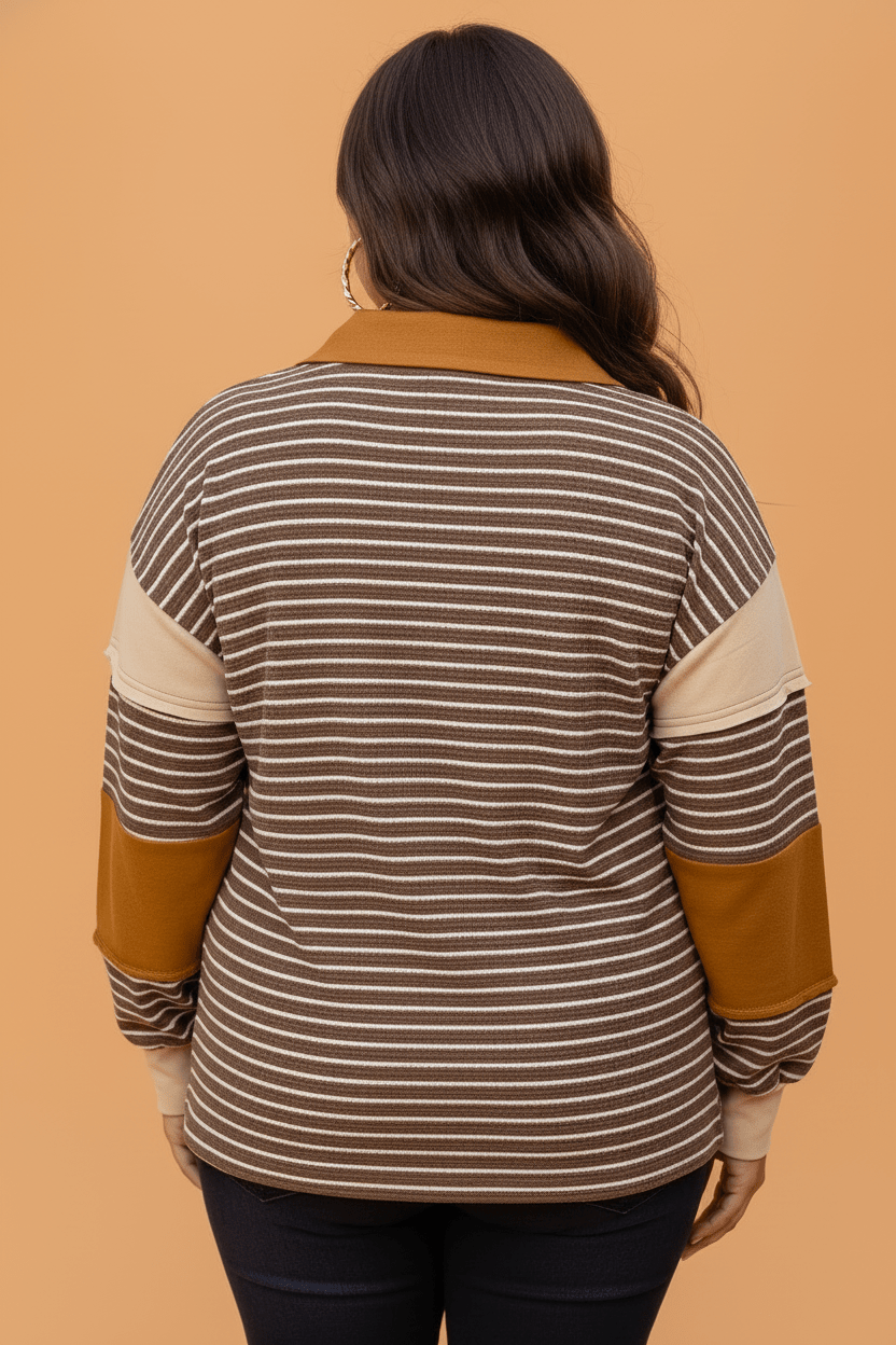 Plus Size Stripe Colorblock V-Neck Long Sleeve Top - Rooted & Reckless Co.