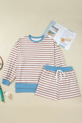 Plus Size Stripe Contrast Trim Pullover and Shorts Set - Rooted & Reckless Co.