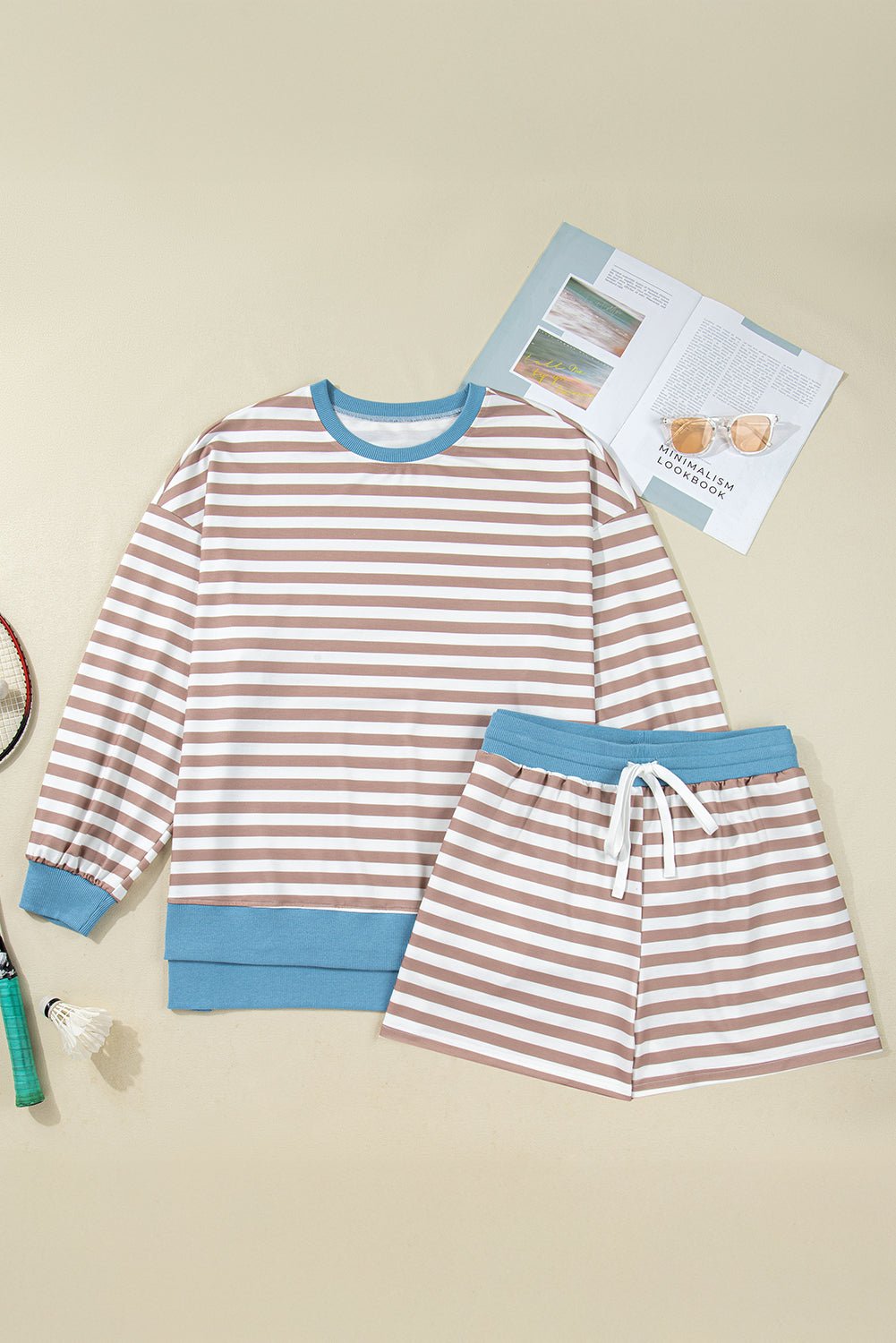 Plus Size Stripe Contrast Trim Pullover and Shorts Set - Rooted & Reckless Co.