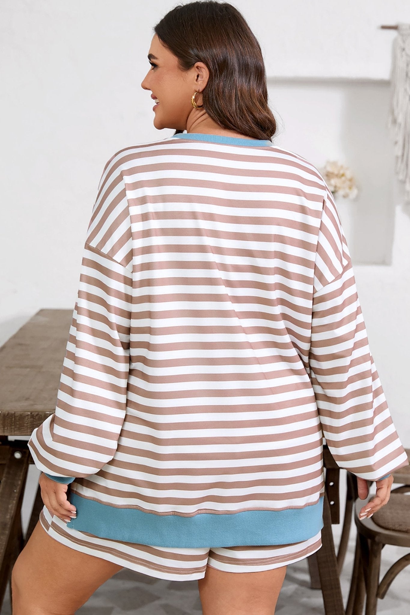 Plus Size Stripe Contrast Trim Pullover and Shorts Set - Rooted & Reckless Co.