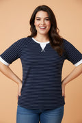 Plus Size Stripe Contrast Trim Ribbed T-Shirt - Rooted & Reckless Co.