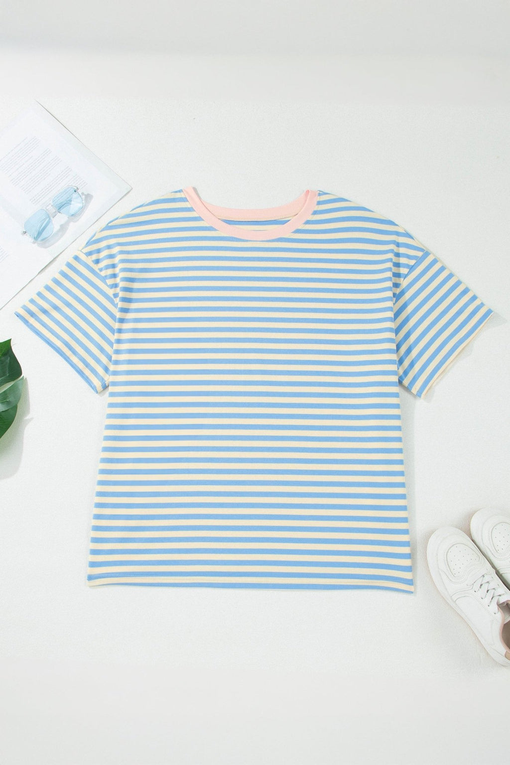 Plus Size Stripe Contrast Trim Short Sleeve Tee - Rooted & Reckless Co.