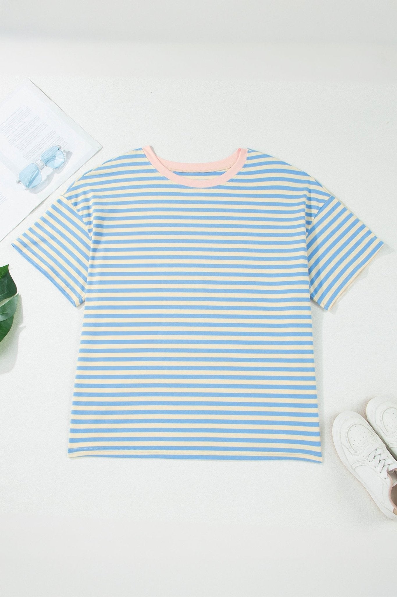 Plus Size Stripe Contrast Trim Short Sleeve Tee - Rooted & Reckless Co.
