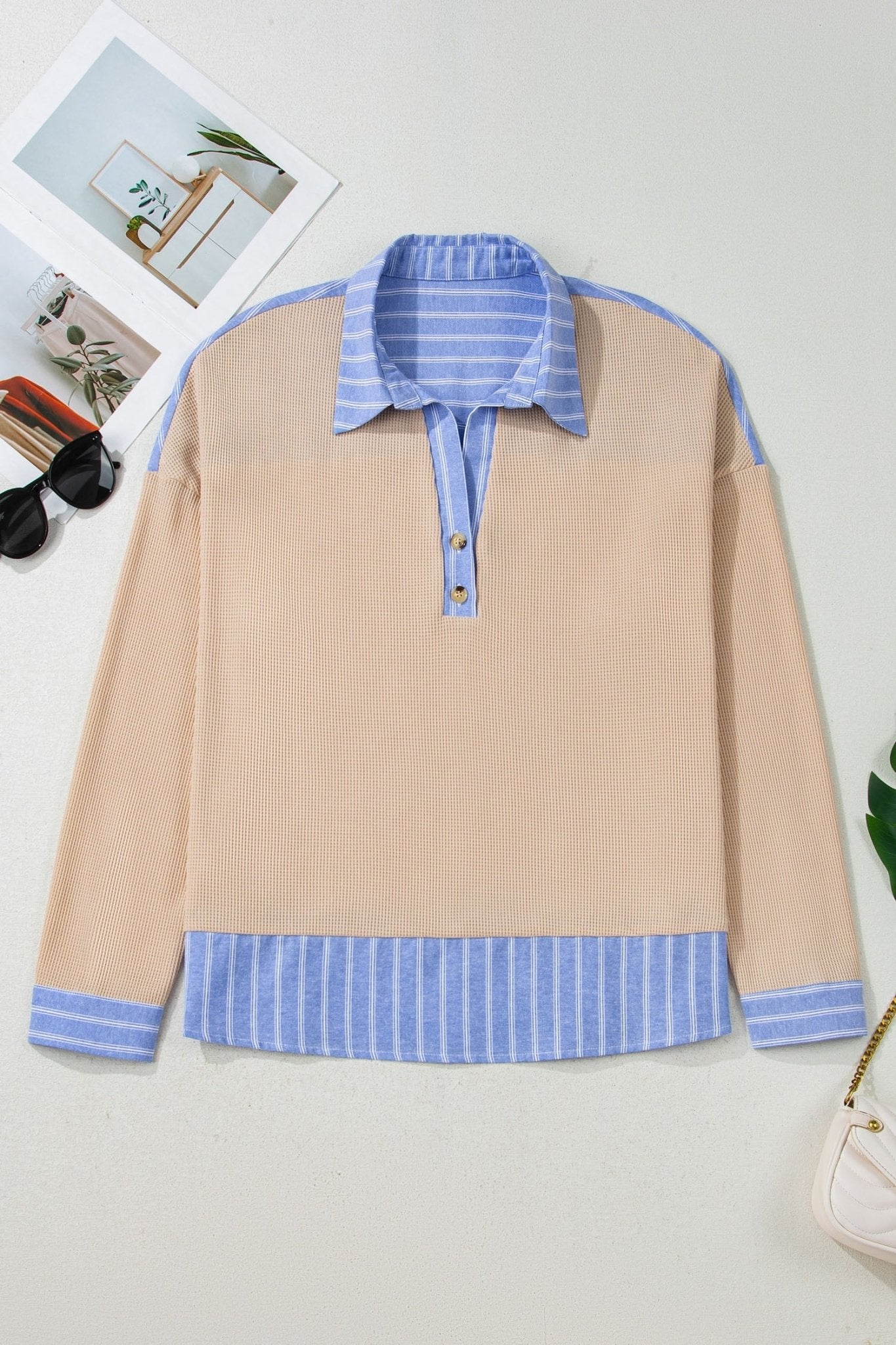 Plus Size Stripe Contrast Trim Waffle Knit Collared Top - Rooted & Reckless Co.