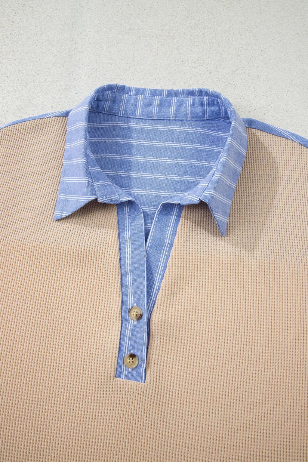 Plus Size Stripe Contrast Trim Waffle Knit Collared Top - Rooted & Reckless Co.