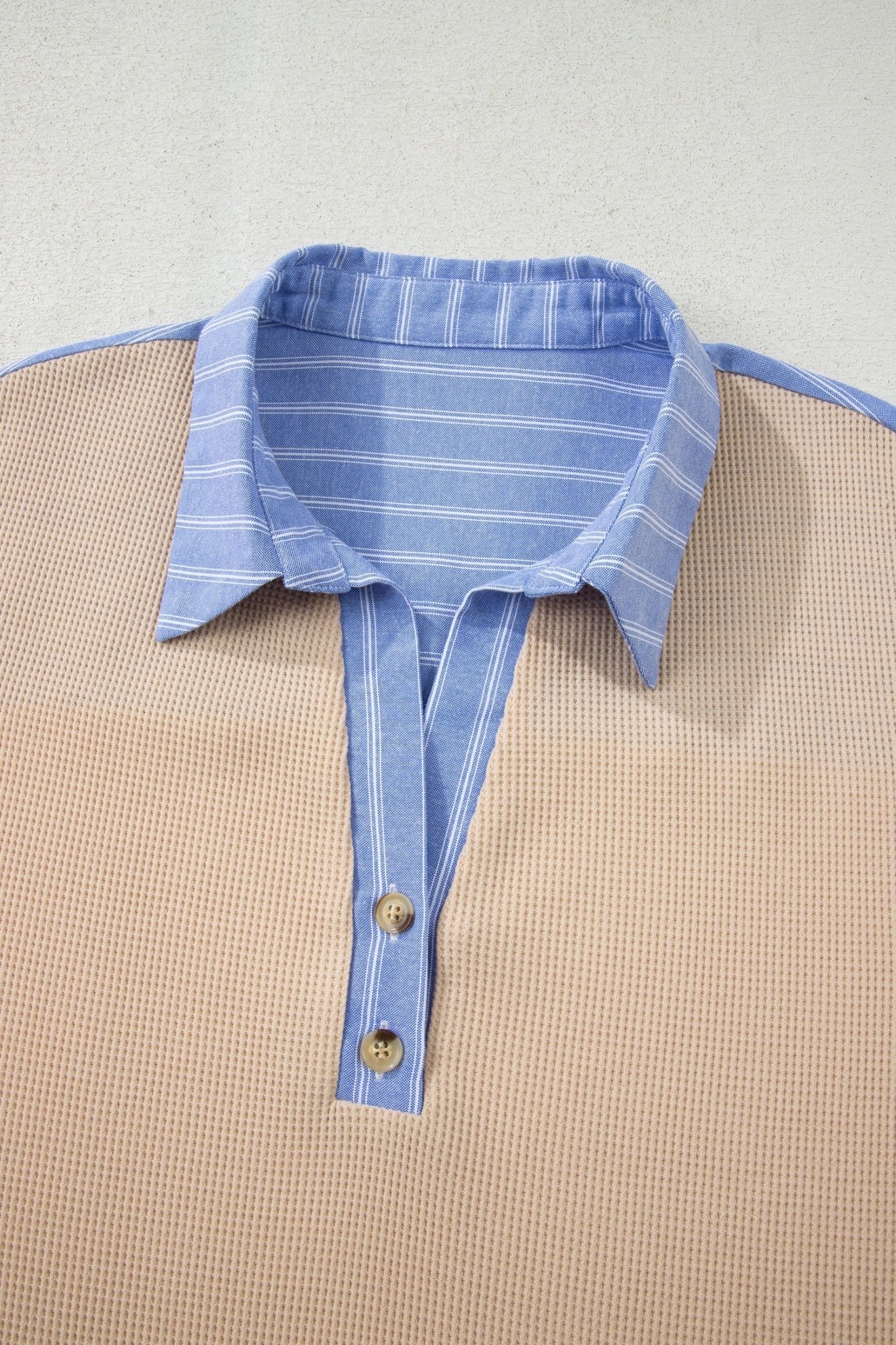 Plus Size Stripe Contrast Trim Waffle Knit Collared Top - Rooted & Reckless Co.