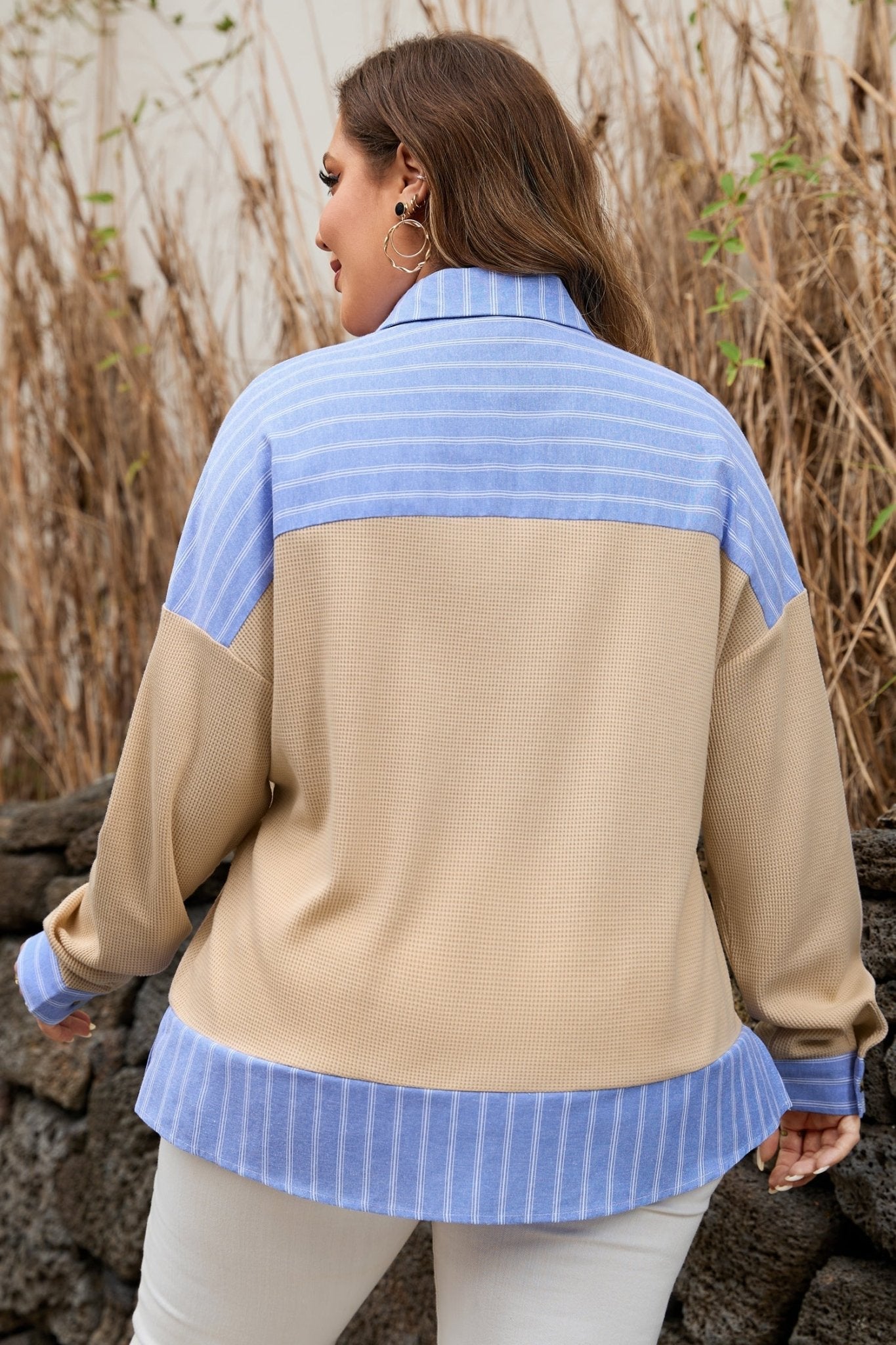Plus Size Stripe Contrast Trim Waffle Knit Collared Top - Rooted & Reckless Co.