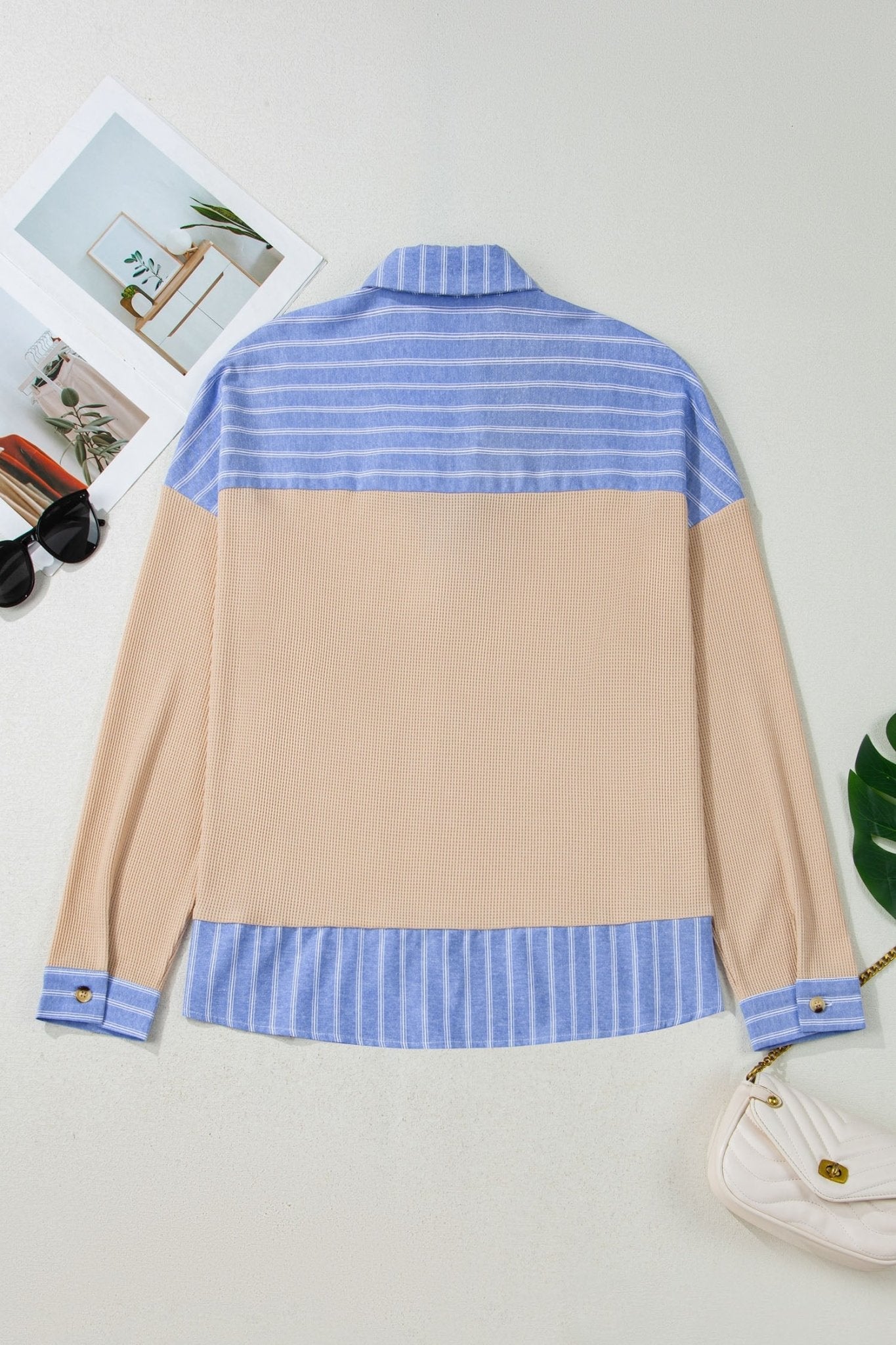 Plus Size Stripe Contrast Trim Waffle Knit Collared Top - Rooted & Reckless Co.