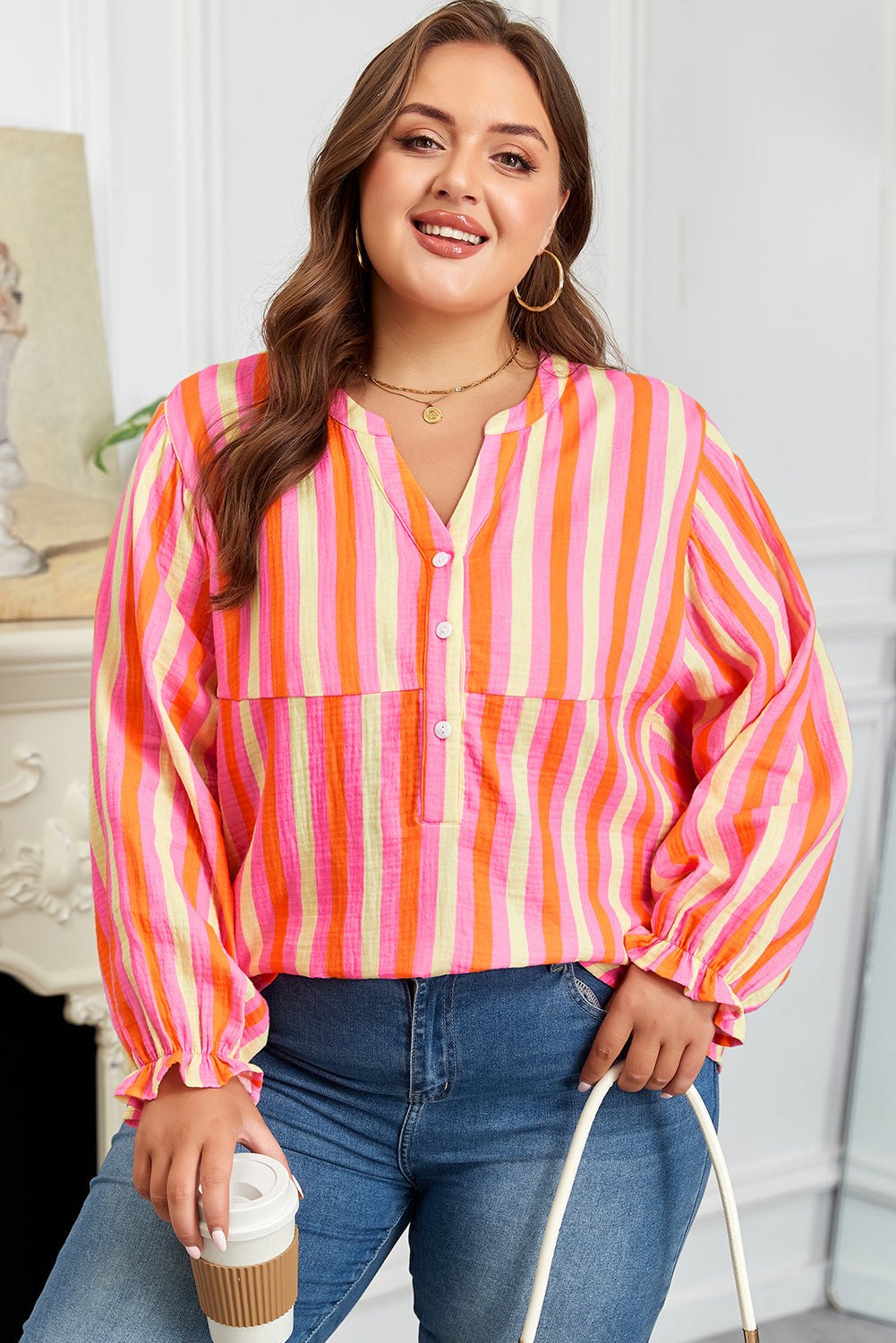 Plus Size Stripe Crinkled Half-Button V-Neck Blouse - Rooted & Reckless Co.
