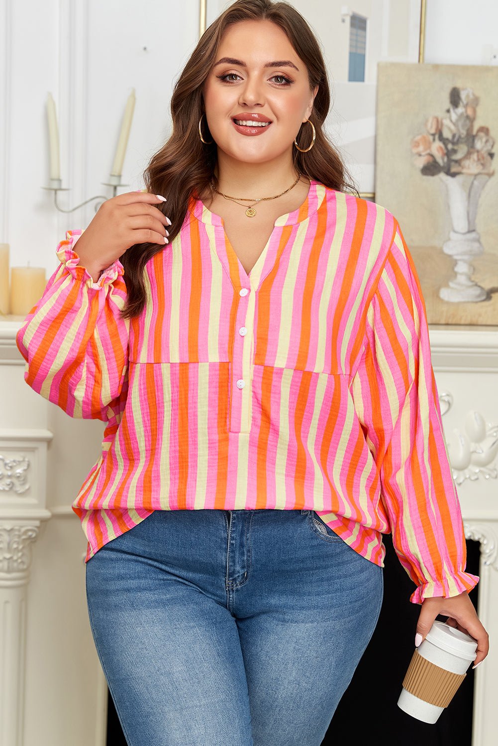 Plus Size Stripe Crinkled Half-Button V-Neck Blouse - Rooted & Reckless Co.