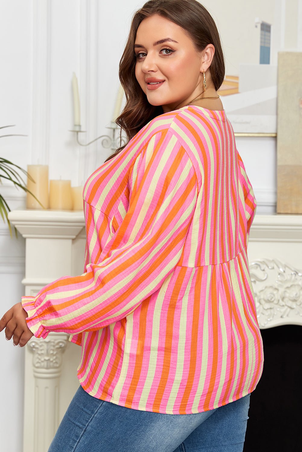 Plus Size Stripe Crinkled Half-Button V-Neck Blouse - Rooted & Reckless Co.