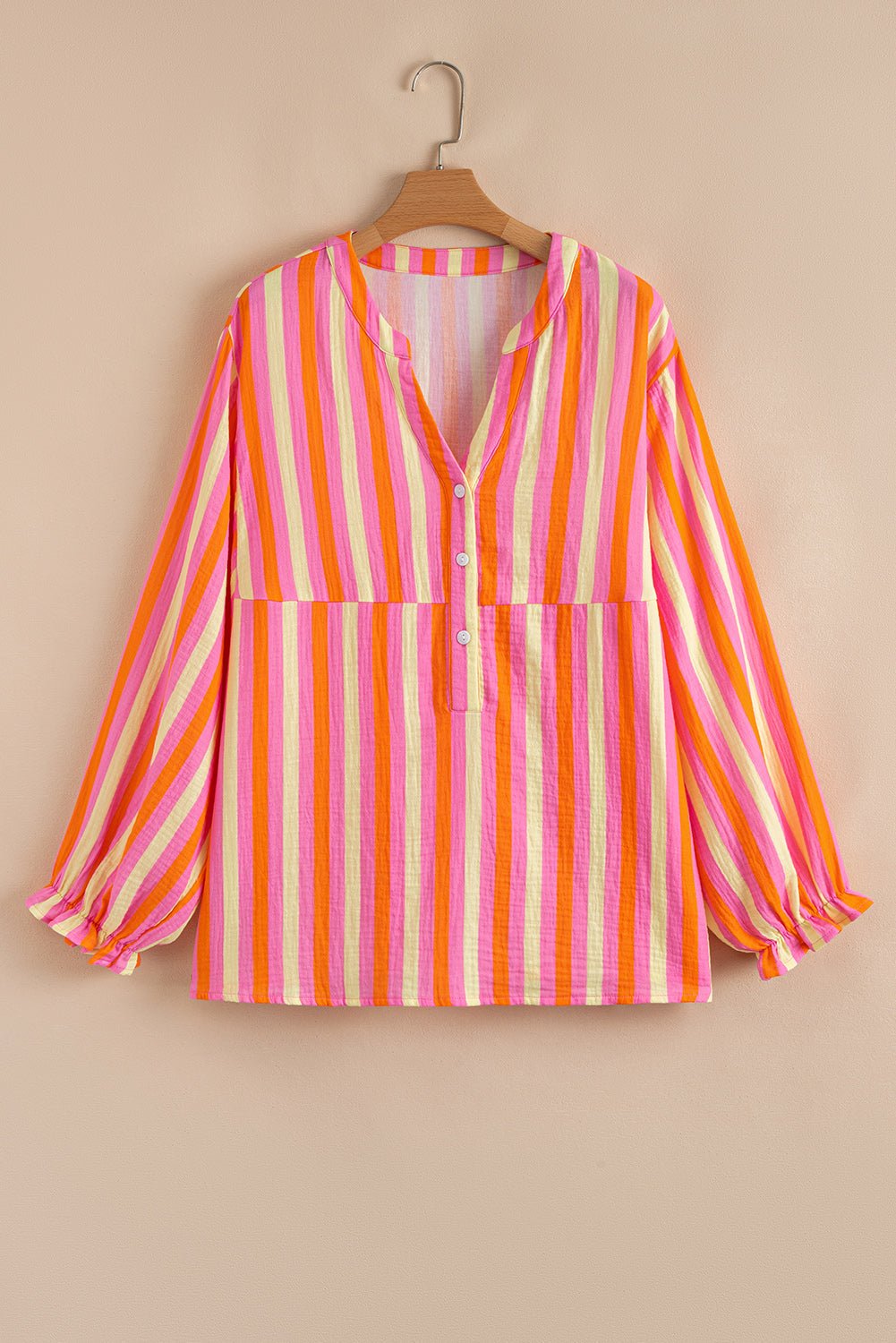 Plus Size Stripe Crinkled Half-Button V-Neck Blouse - Rooted & Reckless Co.