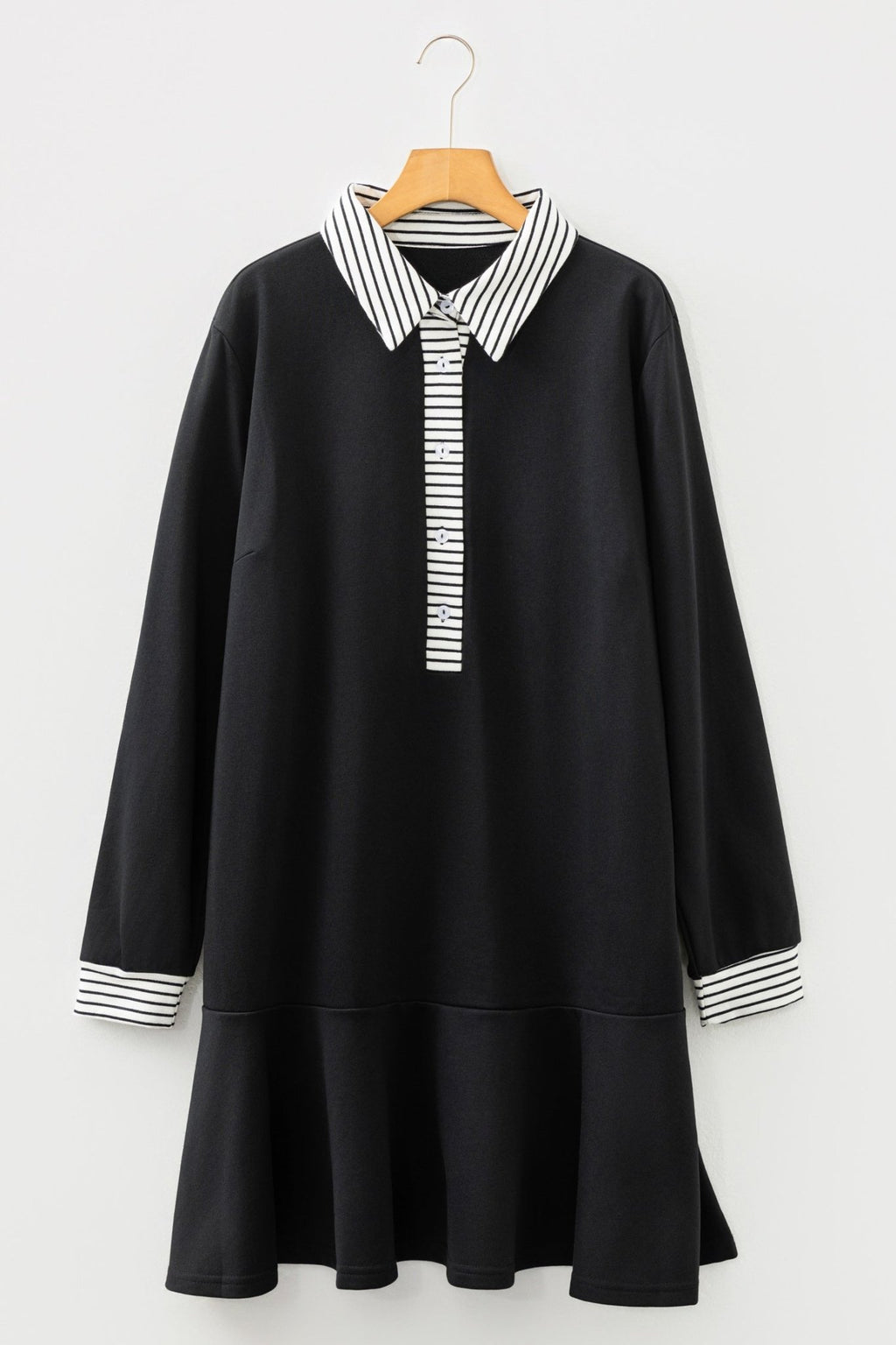 Plus Size Stripe Cuffs Collared Ruffle Hem Dress - Rooted & Reckless Co.
