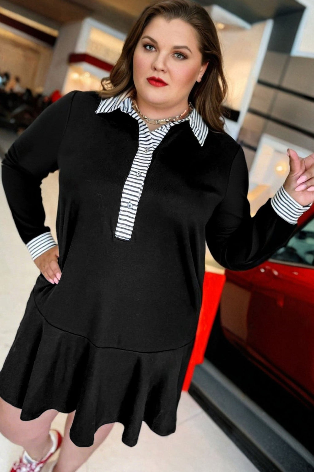 Plus Size Stripe Cuffs Collared Ruffle Hem Dress - Rooted & Reckless Co.