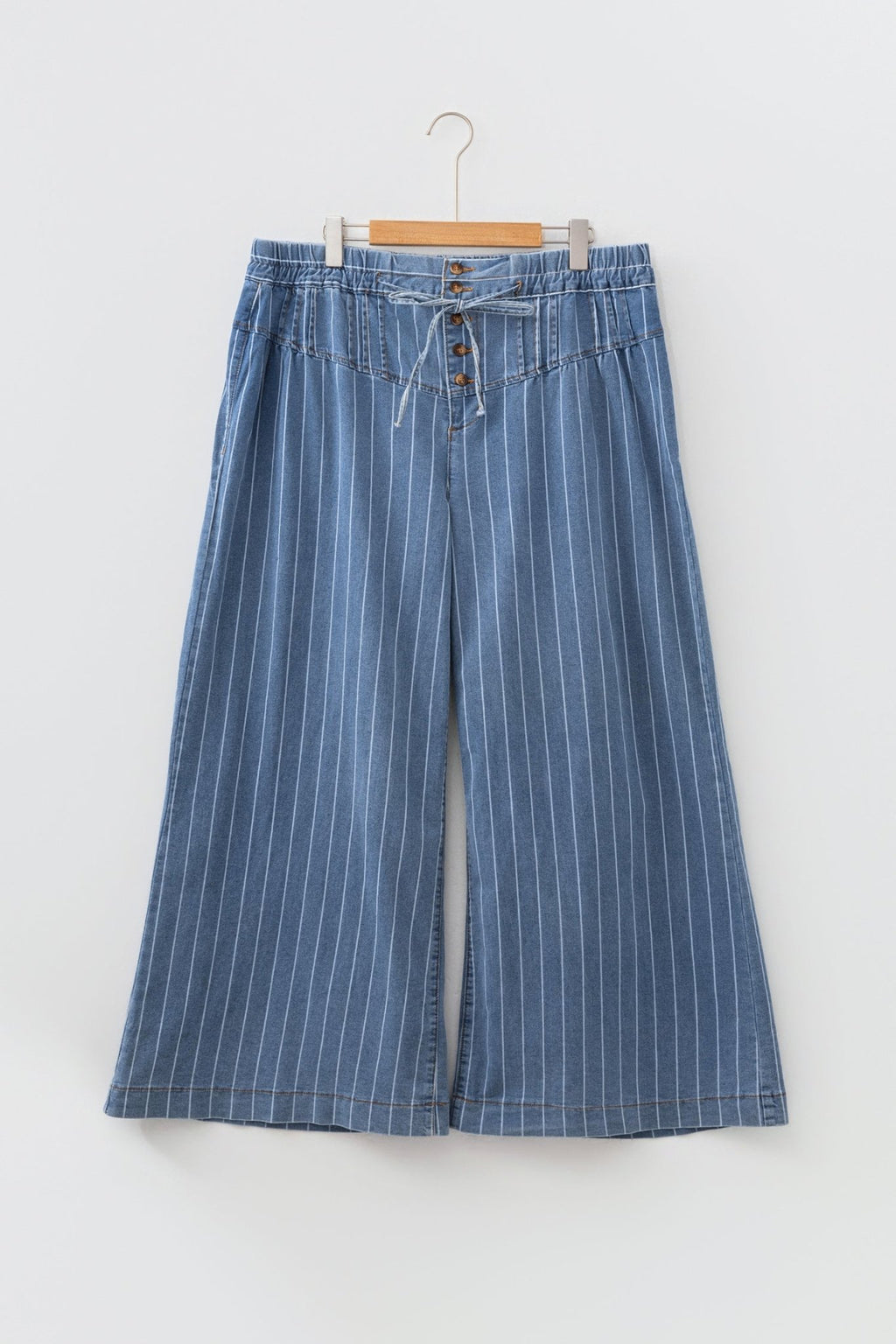 Plus Size Stripe Denim Buttoned Wide Leg Pants - Rooted & Reckless Co.