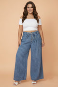 Plus Size Stripe Denim Buttoned Wide Leg Pants - Rooted & Reckless Co.