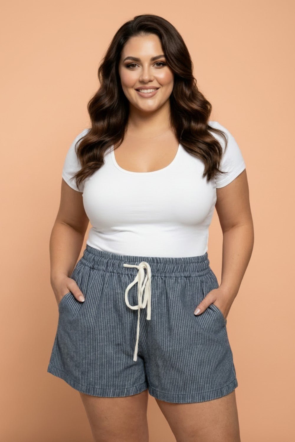 Plus Size Stripe Denim Contrast Drawstring Shorts - Rooted & Reckless Co.